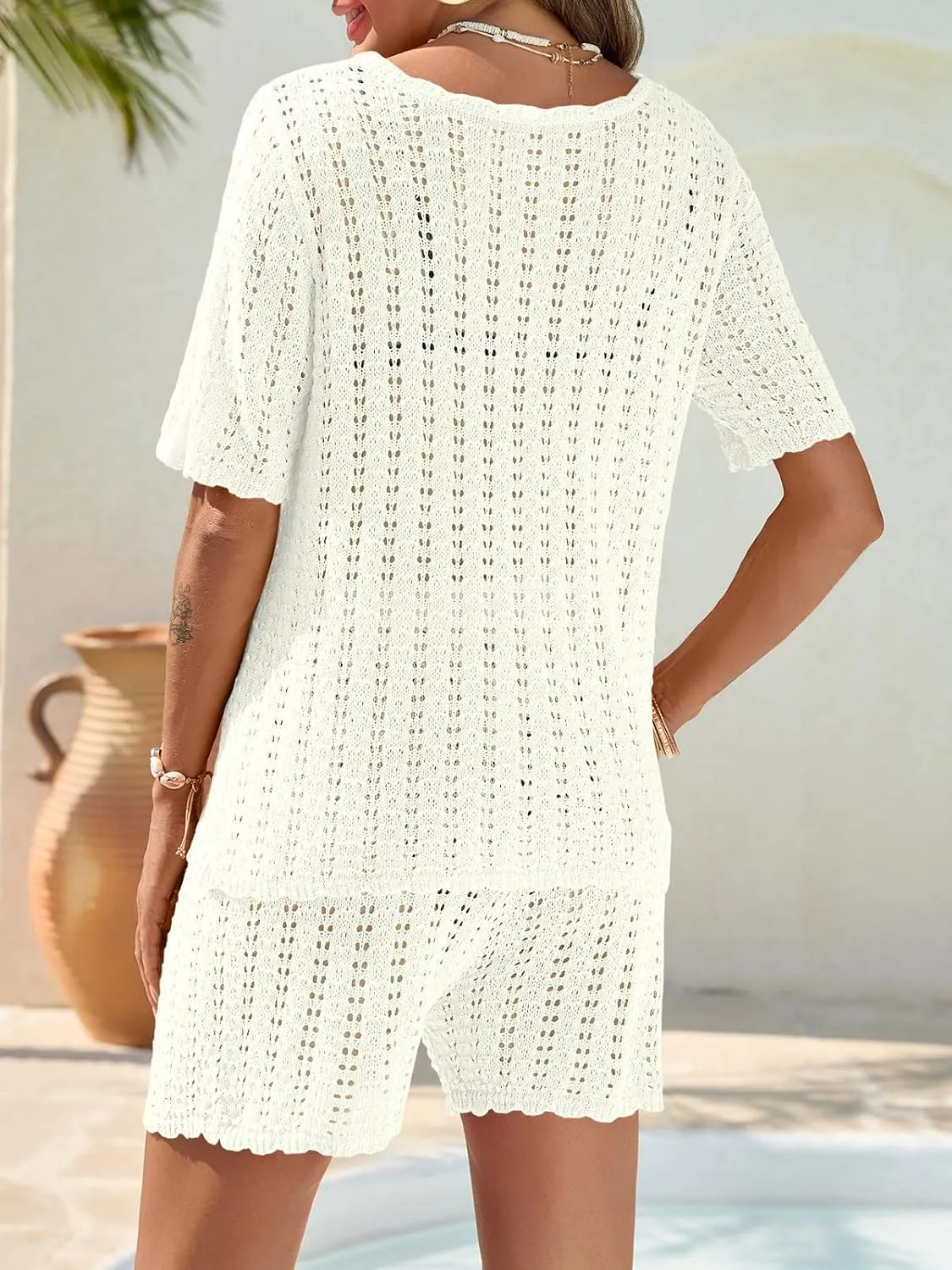 Saodimallsu Women Crochet 2 Piece Swimsuit Cover Up Short Sleeve Knit Tops Shorts Sets Summer Beach Vacation Outfit