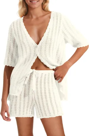 Saodimallsu Women Crochet 2 Piece Swimsuit Cover Up Short Sleeve Knit Tops Shorts Sets Summer Beach Vacation Outfit