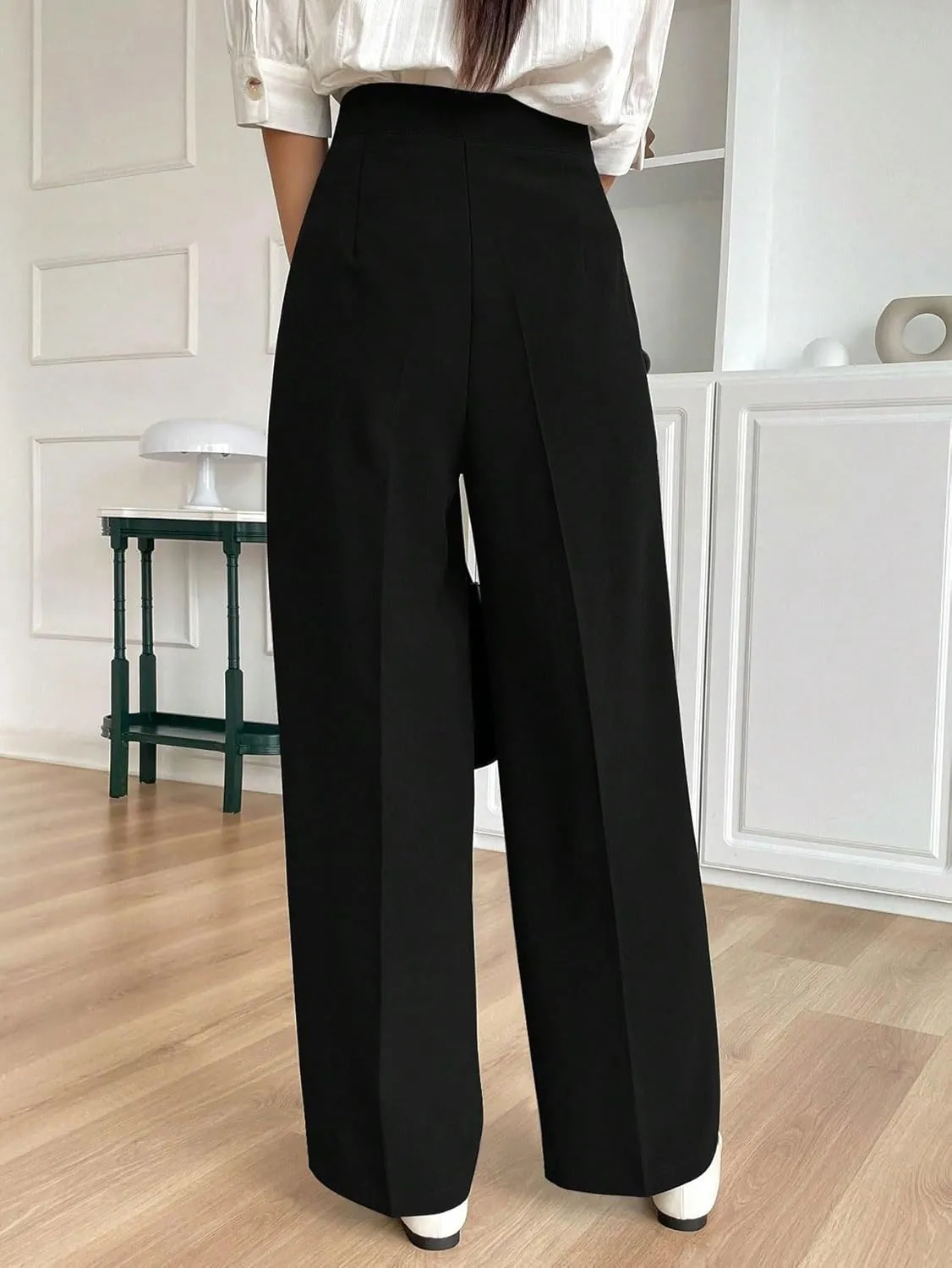 SECOLI Women's Straight Wide Leg Trousers Pants Black High Waist Straight Leg Pants