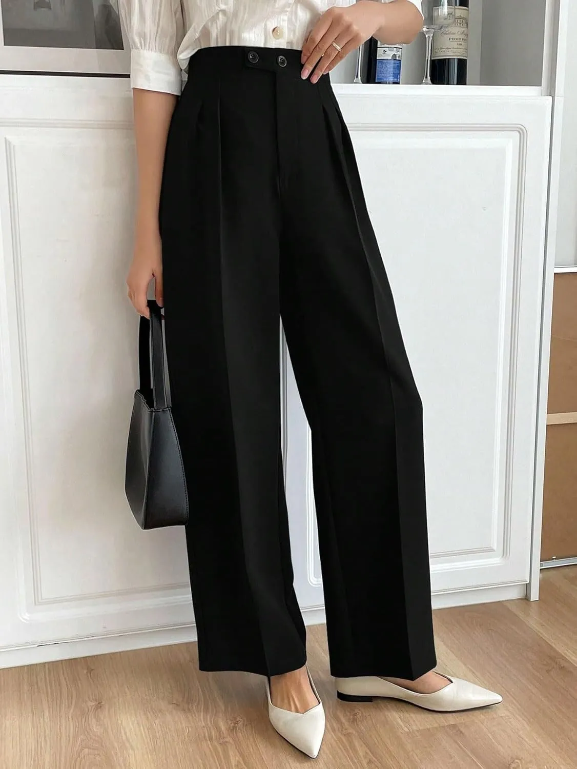 SECOLI Women's Straight Wide Leg Trousers Pants Black High Waist Straight Leg Pants