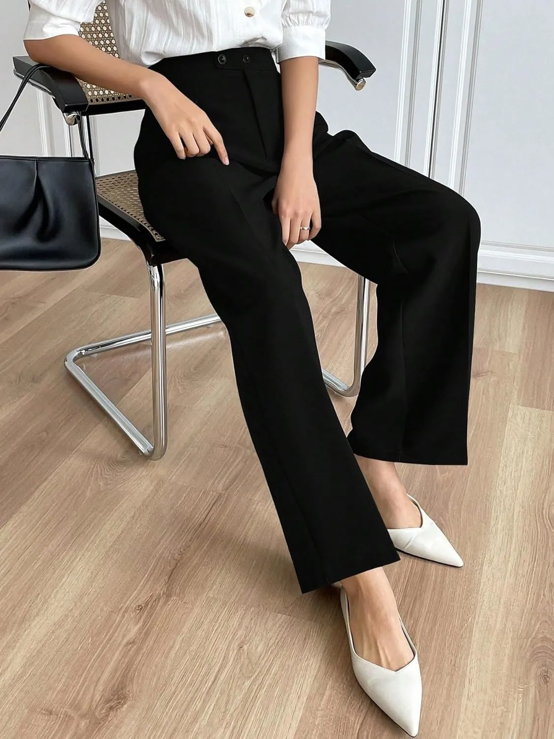 SECOLI Women's Straight Wide Leg Trousers Pants Black High Waist Straight Leg Pants