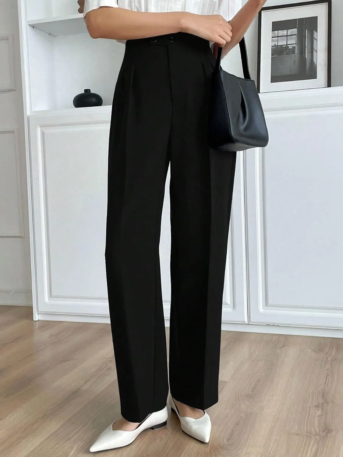 SECOLI Women's Straight Wide Leg Trousers Pants Black High Waist Straight Leg Pants