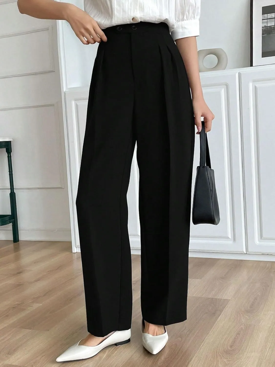 SECOLI Women's Straight Wide Leg Trousers Pants Black High Waist Straight Leg Pants