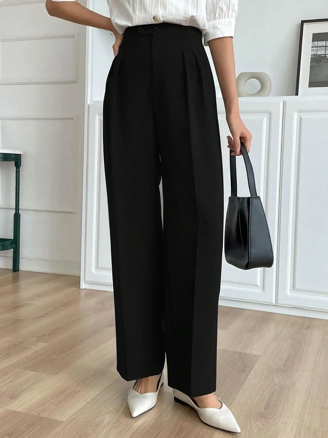 SECOLI Women's Straight Wide Leg Trousers Pants Black High Waist Straight Leg Pants