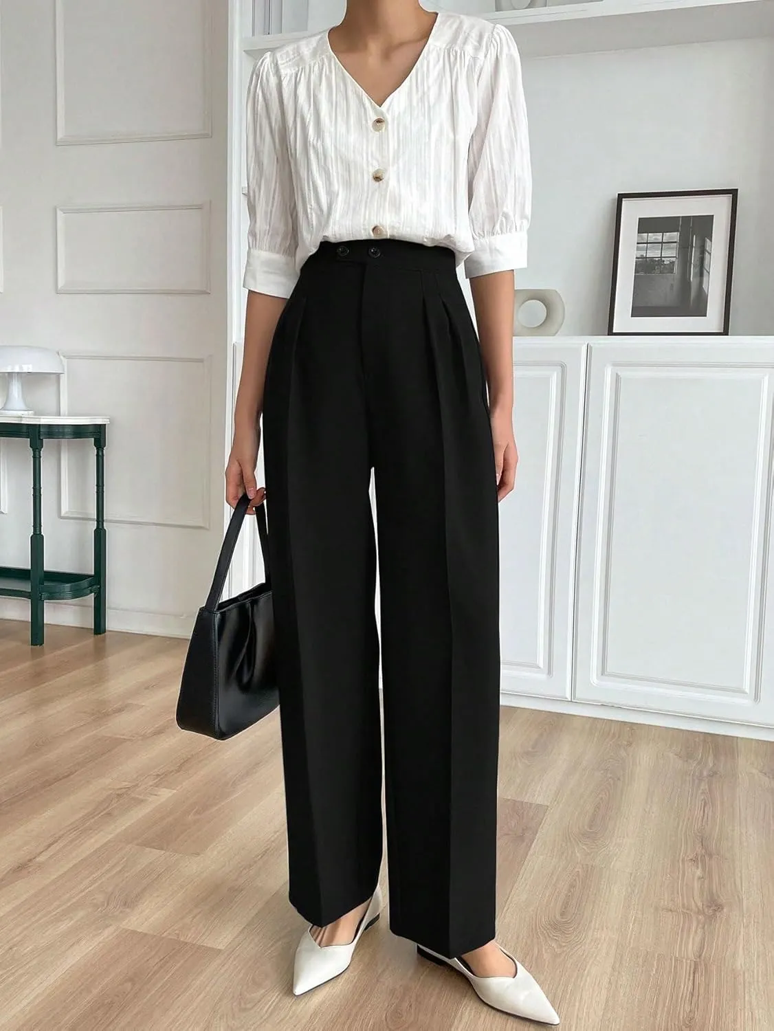 SECOLI Women's Straight Wide Leg Trousers Pants Black High Waist Straight Leg Pants