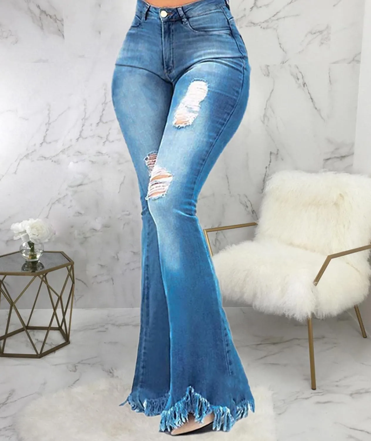 Sexyshine Women's Bell Bottom Jeans High Waisted Classic Retro Ripped Hole Denim Long Wide-Leg Flare Pants