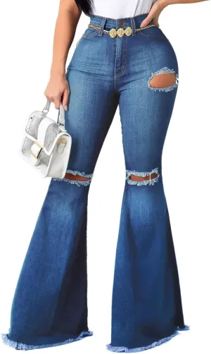 Sexyshine Women's Bell Bottom Jeans High Waisted Classic Retro Ripped Hole Denim Long Wide-Leg Flare Pants