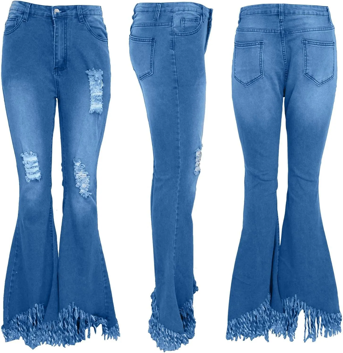 Sexyshine Women's Bell Bottom Jeans High Waisted Classic Retro Ripped Hole Denim Long Wide-Leg Flare Pants