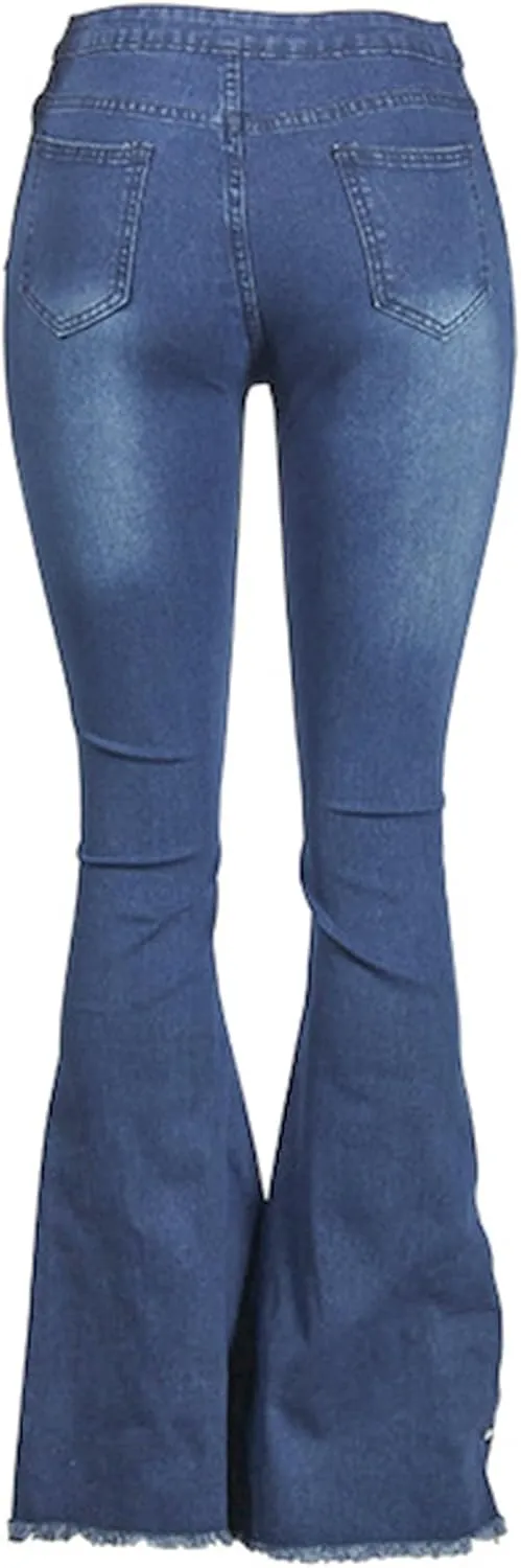 Sexyshine Women's Bell Bottom Jeans High Waisted Classic Retro Ripped Hole Denim Long Wide-Leg Flare Pants
