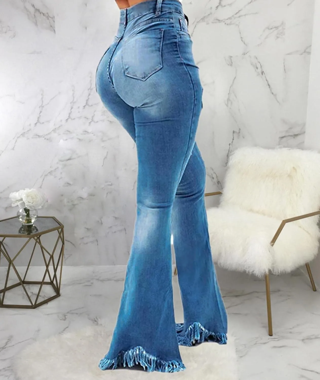 Sexyshine Women's Bell Bottom Jeans High Waisted Classic Retro Ripped Hole Denim Long Wide-Leg Flare Pants