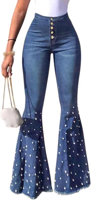 Sexyshine Women's Bell Bottom Jeans High Waisted Classic Retro Ripped Hole Denim Long Wide-Leg Flare Pants
