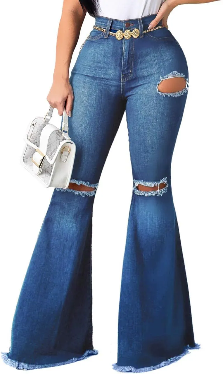 Sexyshine Women's Bell Bottom Jeans High Waisted Classic Retro Ripped Hole Denim Long Wide-Leg Flare Pants