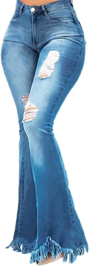 Sexyshine Women's Bell Bottom Jeans High Waisted Classic Retro Ripped Hole Denim Long Wide-Leg Flare Pants