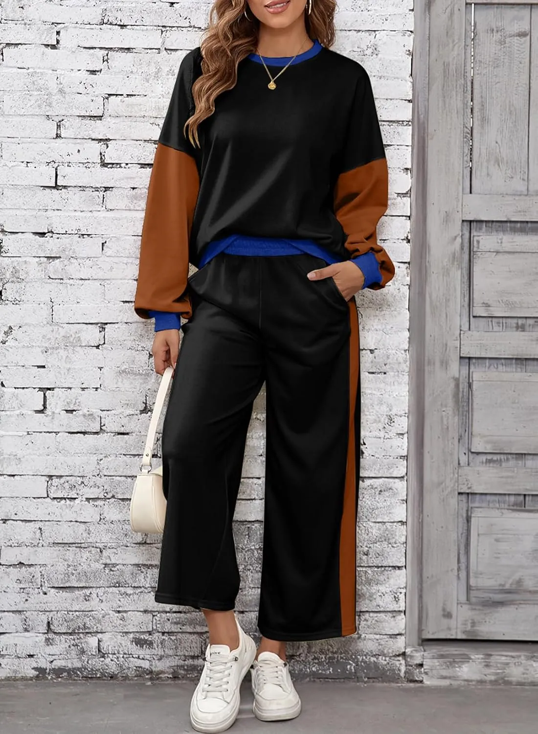 SHEWIN Women's 2 Piece Lounge Sets For Women Casual Long Sleeve Tops and Wide Leg Pants Matching Set