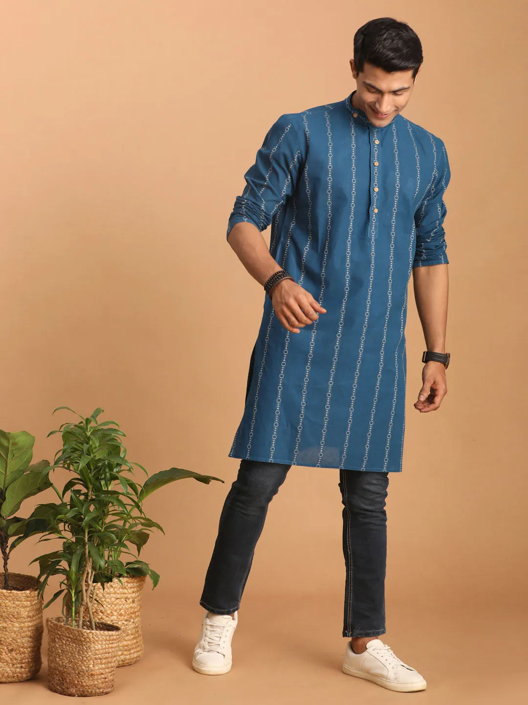 SHVAAS By VASTRAMAY Men's Blue denim Jacquard Kurta