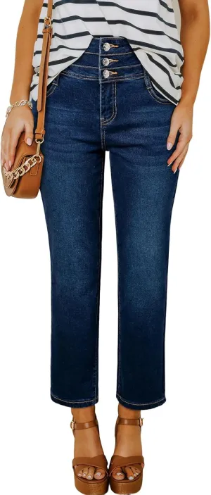 Sidefeel Women's High Waisted Tummy Control Jeans Strechy Trendy Button Up Ankle Zimbaplatinum Denim Pants