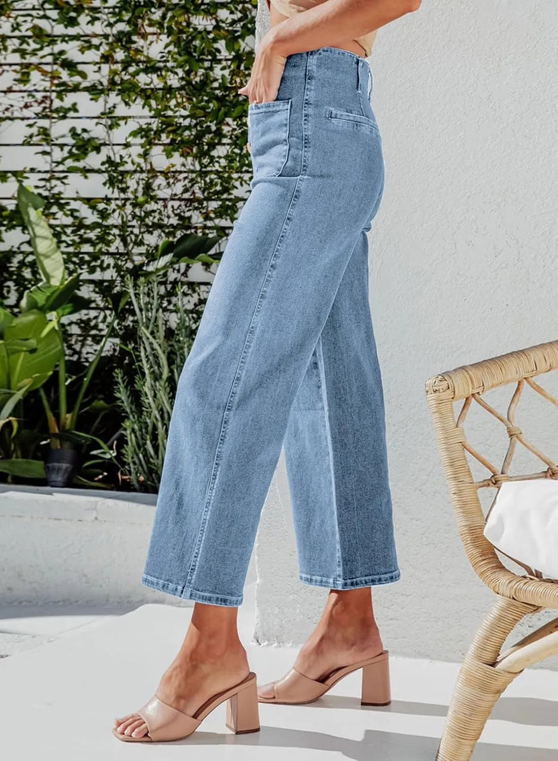Sidefeel Women's Wide Leg Jeans High Waisted Zimbaplatinum Stretchy Straight Leg Jeans Buttoned Loose Denim Pants with Pocket