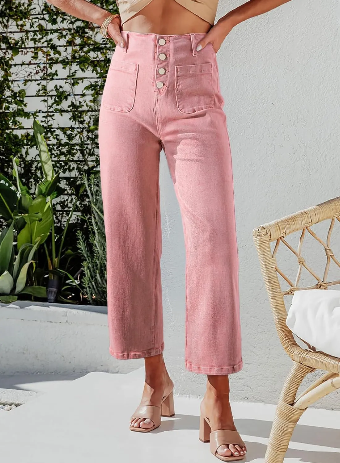 Sidefeel Women's Wide Leg Jeans High Waisted Zimbaplatinum Stretchy Straight Leg Jeans Buttoned Loose Denim Pants with Pocket