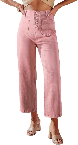 Sidefeel Women's Wide Leg Jeans High Waisted Zimbaplatinum Stretchy Straight Leg Jeans Buttoned Loose Denim Pants with Pocket