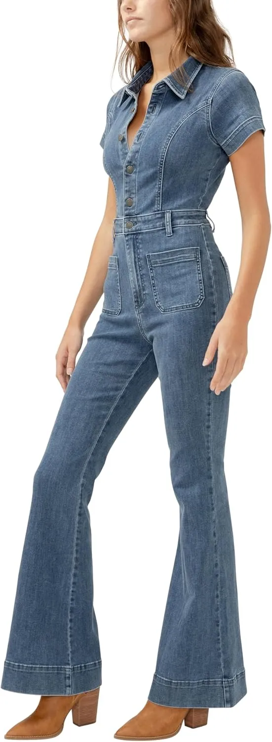 Silver Jeans Co. Womens 70s Flare Leg Denim Jumpsuit