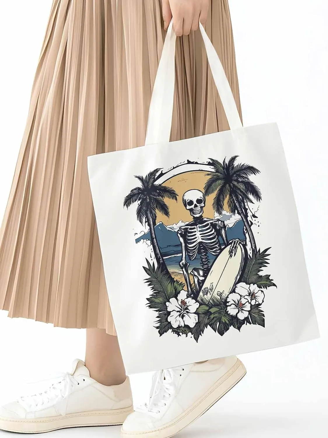 Skeleton Flower Tropical Tree Surfing Canvas Tote Bag, Aesthetic Canvas Tote Handbags for Women Shoulder Bag
