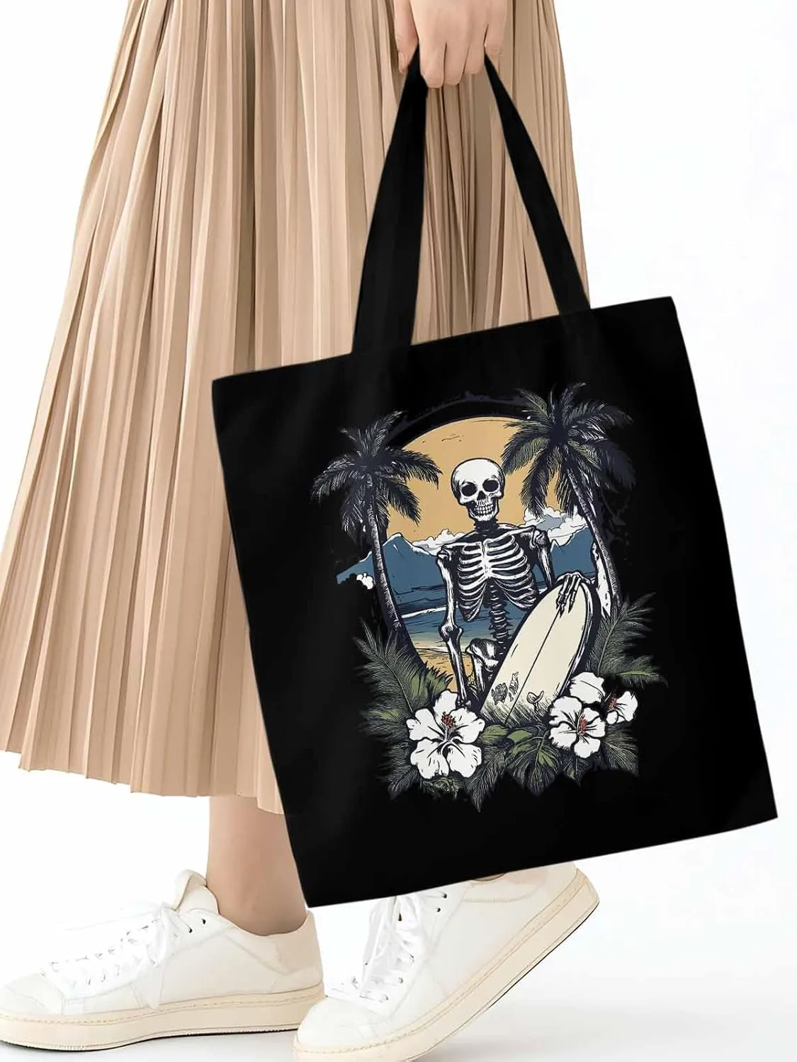 Skeleton Flower Tropical Tree Surfing Canvas Tote Bag, Aesthetic Canvas Tote Handbags for Women Shoulder Bag