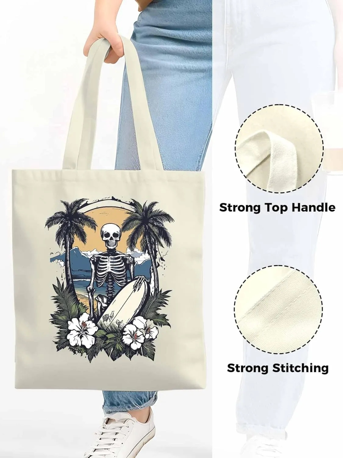 Skeleton Flower Tropical Tree Surfing Canvas Tote Bag, Aesthetic Canvas Tote Handbags for Women Shoulder Bag