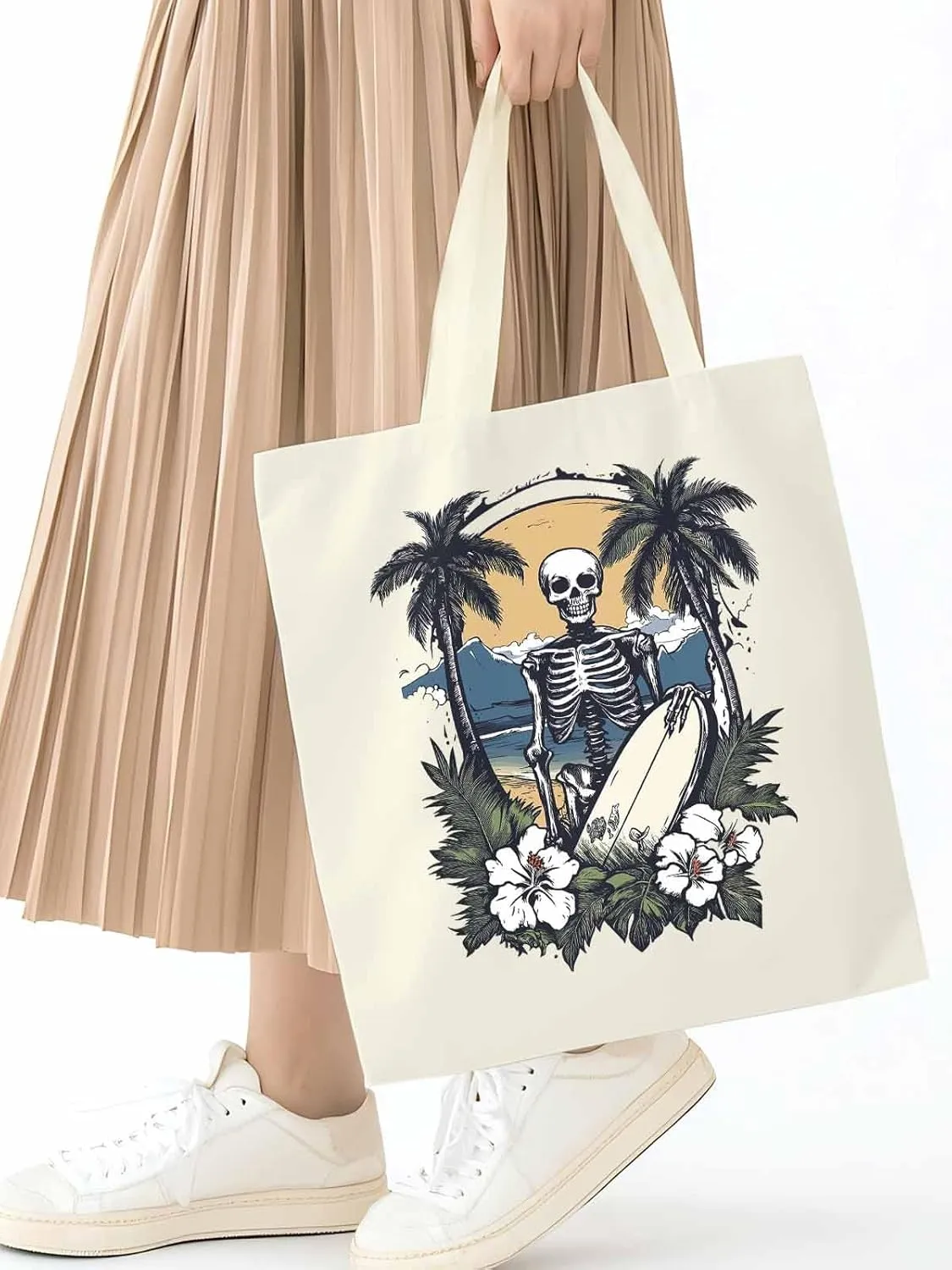 Skeleton Flower Tropical Tree Surfing Canvas Tote Bag, Aesthetic Canvas Tote Handbags for Women Shoulder Bag