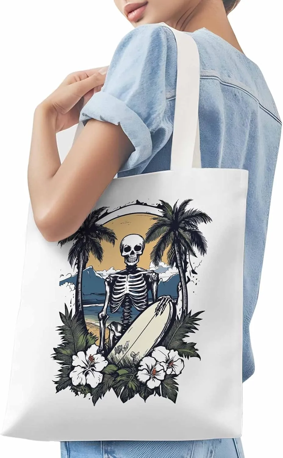 Skeleton Flower Tropical Tree Surfing Canvas Tote Bag, Aesthetic Canvas Tote Handbags for Women Shoulder Bag