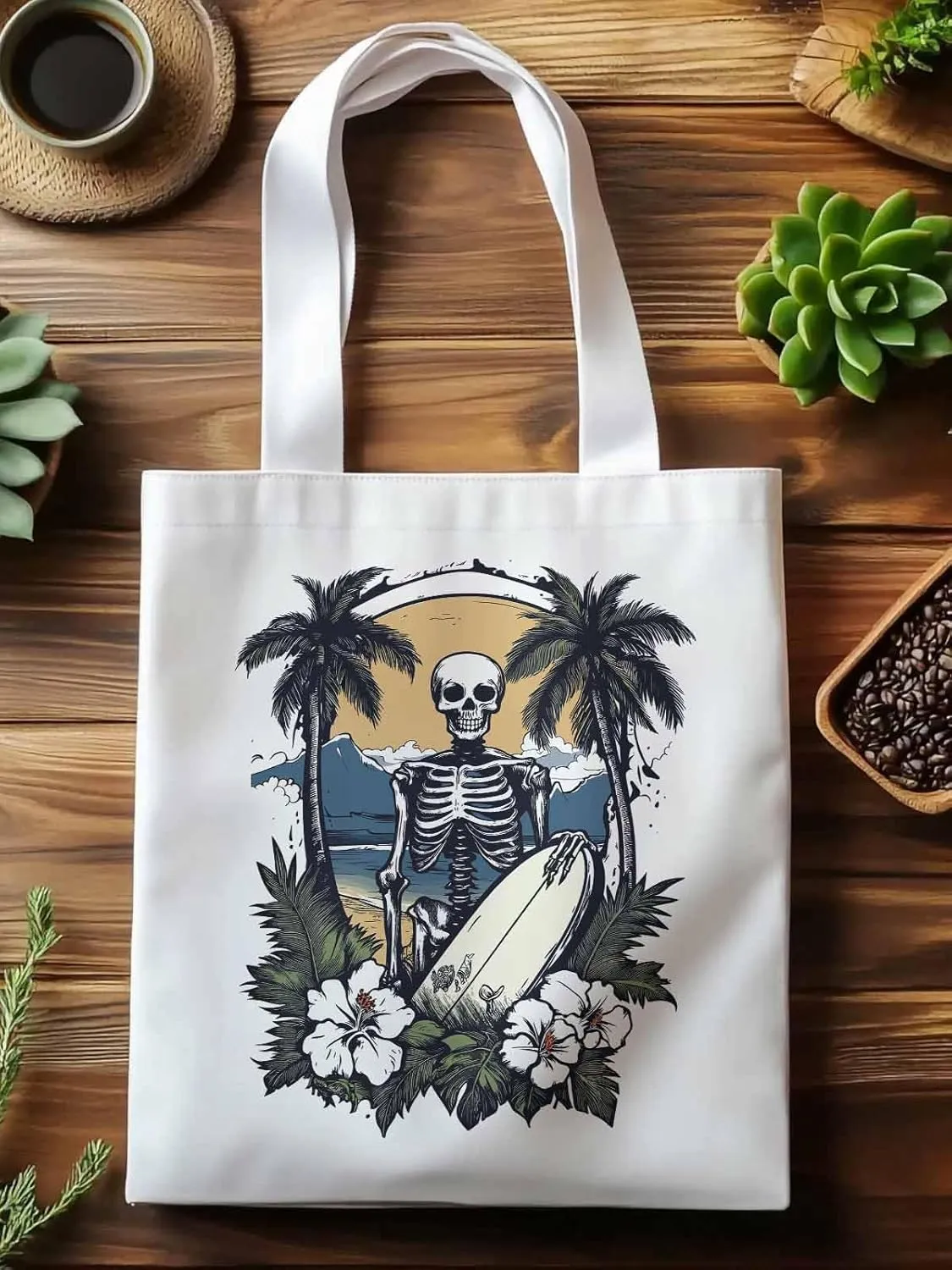 Skeleton Flower Tropical Tree Surfing Canvas Tote Bag, Aesthetic Canvas Tote Handbags for Women Shoulder Bag