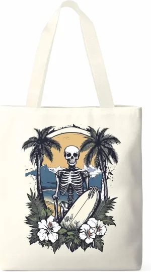 Skeleton Flower Tropical Tree Surfing Canvas Tote Bag, Aesthetic Canvas Tote Handbags for Women Shoulder Bag