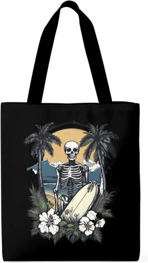 Skeleton Flower Tropical Tree Surfing Canvas Tote Bag, Aesthetic Canvas Tote Handbags for Women Shoulder Bag
