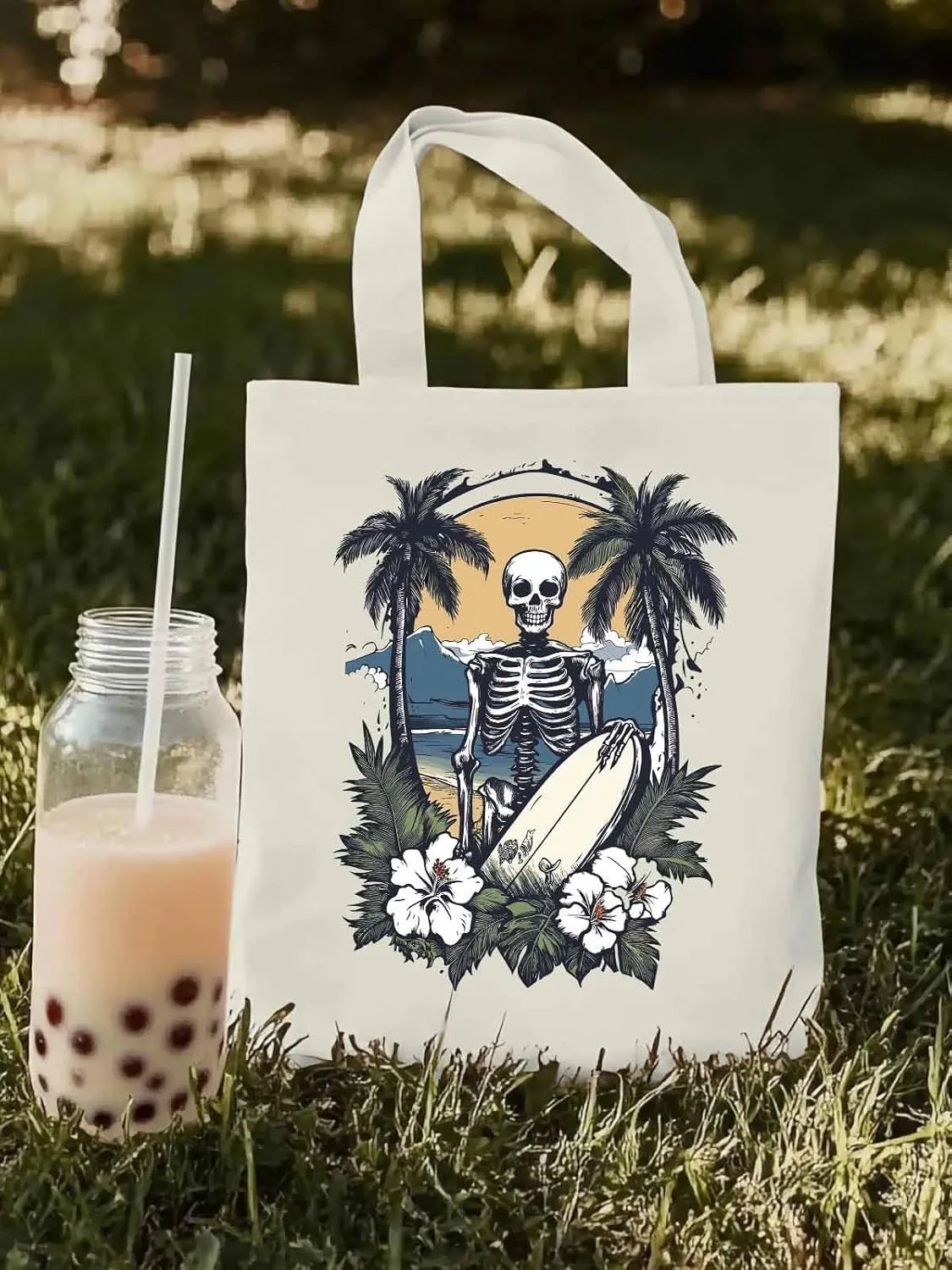 Skeleton Flower Tropical Tree Surfing Canvas Tote Bag, Aesthetic Canvas Tote Handbags for Women Shoulder Bag