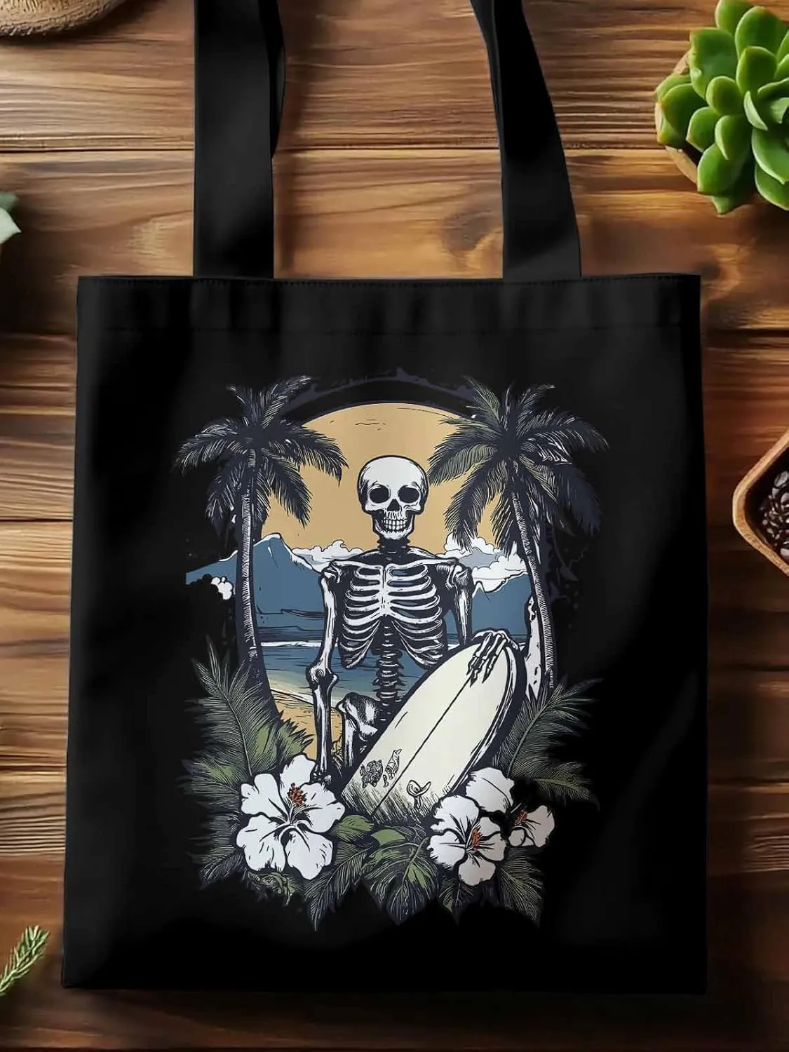 Skeleton Flower Tropical Tree Surfing Canvas Tote Bag, Aesthetic Canvas Tote Handbags for Women Shoulder Bag