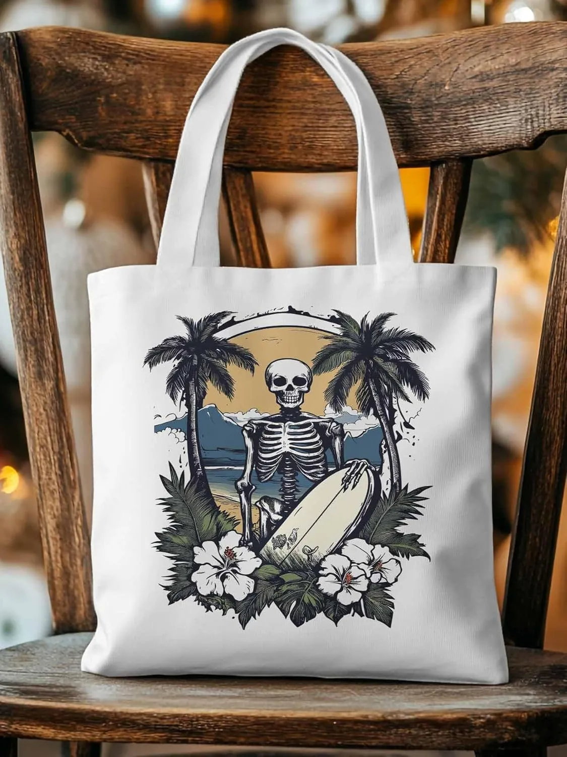 Skeleton Flower Tropical Tree Surfing Canvas Tote Bag, Aesthetic Canvas Tote Handbags for Women Shoulder Bag