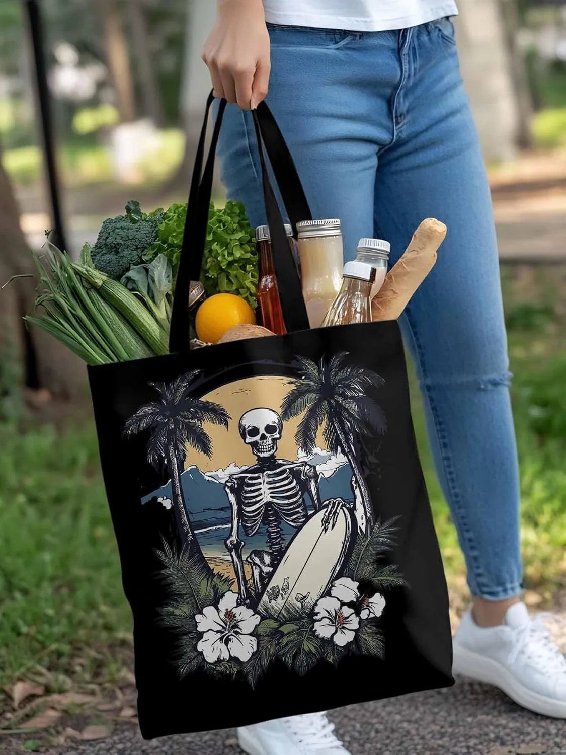 Skeleton Flower Tropical Tree Surfing Canvas Tote Bag, Aesthetic Canvas Tote Handbags for Women Shoulder Bag