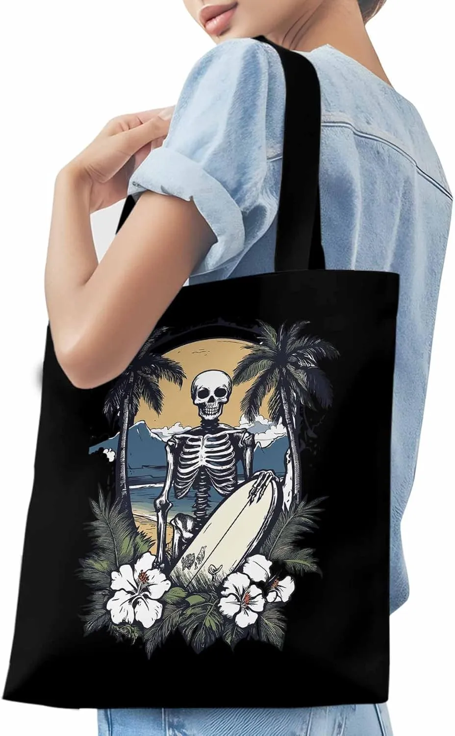 Skeleton Flower Tropical Tree Surfing Canvas Tote Bag, Aesthetic Canvas Tote Handbags for Women Shoulder Bag