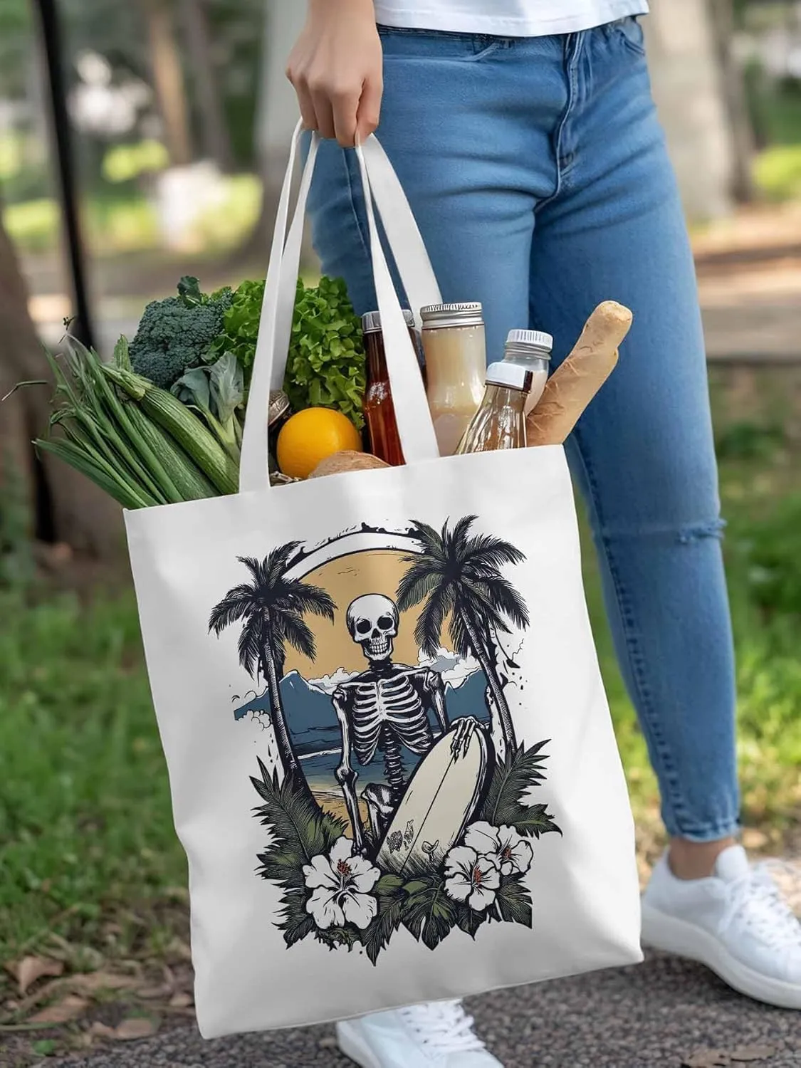 Skeleton Flower Tropical Tree Surfing Canvas Tote Bag, Aesthetic Canvas Tote Handbags for Women Shoulder Bag