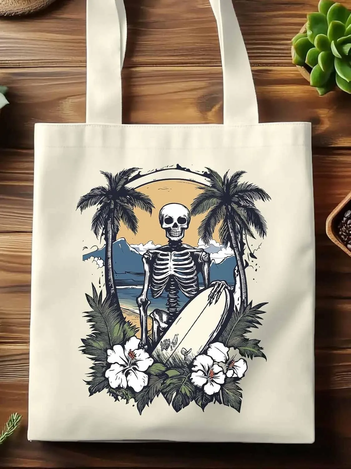 Skeleton Flower Tropical Tree Surfing Canvas Tote Bag, Aesthetic Canvas Tote Handbags for Women Shoulder Bag