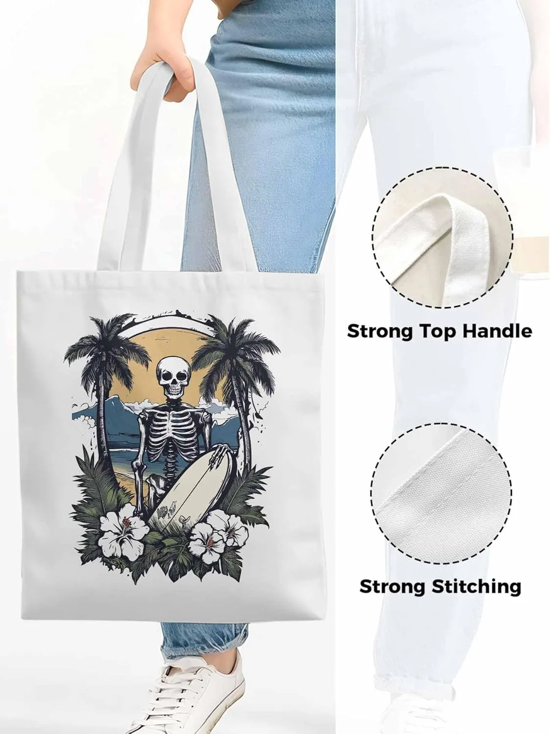 Skeleton Flower Tropical Tree Surfing Canvas Tote Bag, Aesthetic Canvas Tote Handbags for Women Shoulder Bag