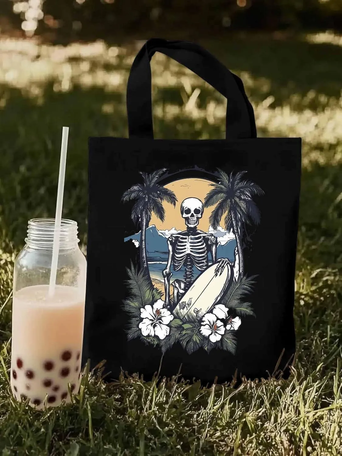 Skeleton Flower Tropical Tree Surfing Canvas Tote Bag, Aesthetic Canvas Tote Handbags for Women Shoulder Bag