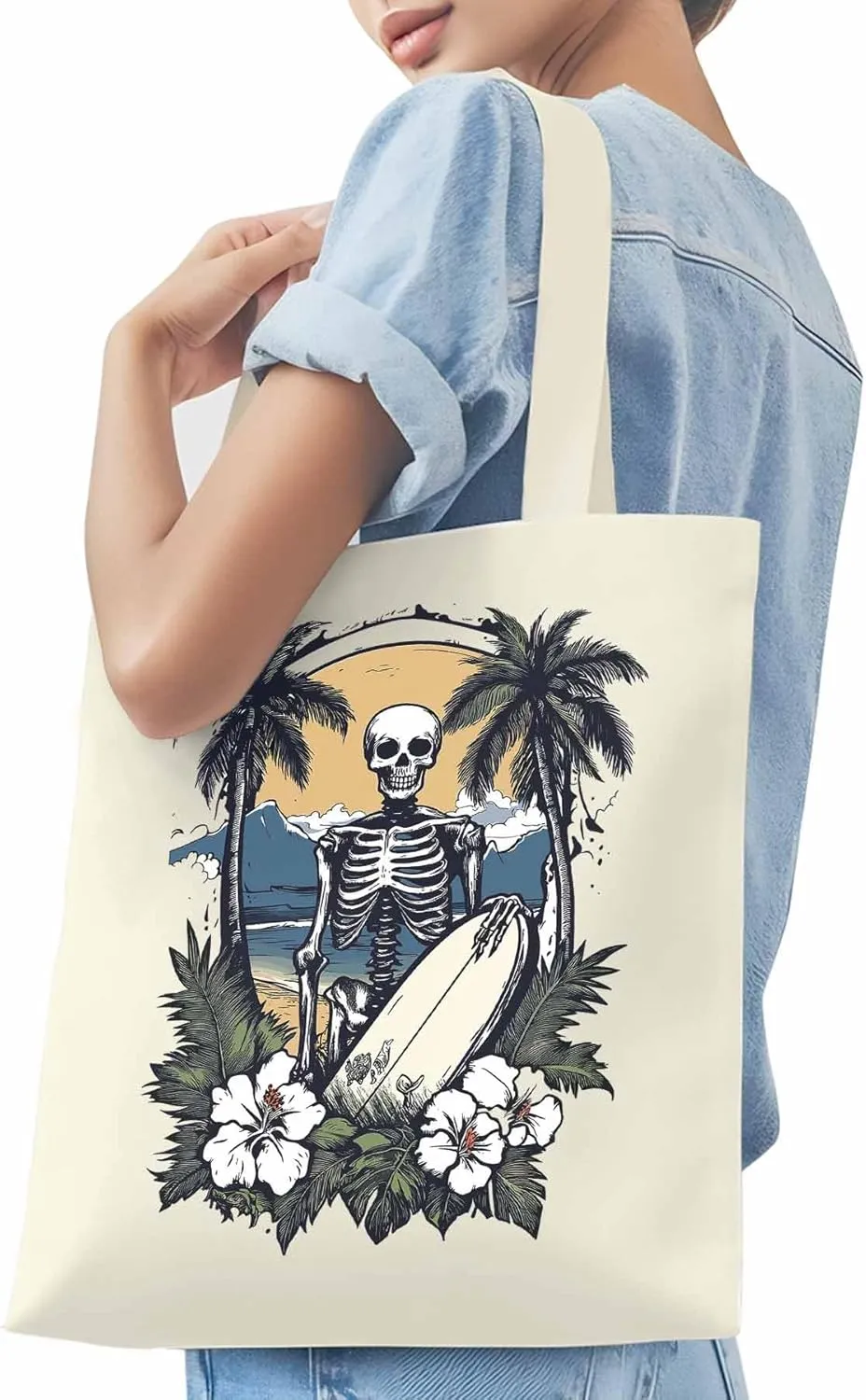 Skeleton Flower Tropical Tree Surfing Canvas Tote Bag, Aesthetic Canvas Tote Handbags for Women Shoulder Bag