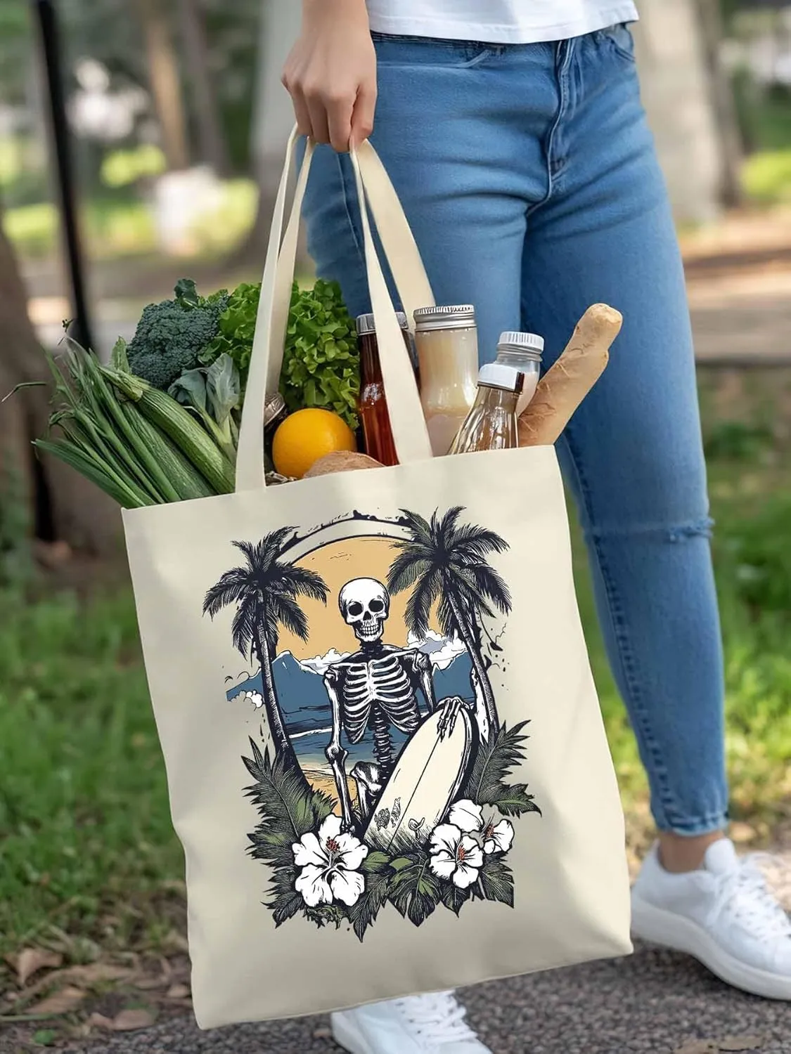 Skeleton Flower Tropical Tree Surfing Canvas Tote Bag, Aesthetic Canvas Tote Handbags for Women Shoulder Bag