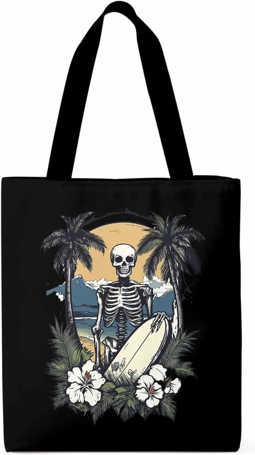 Skeleton Flower Tropical Tree Surfing Canvas Tote Bag, Aesthetic Canvas Tote Handbags for Women Shoulder Bag