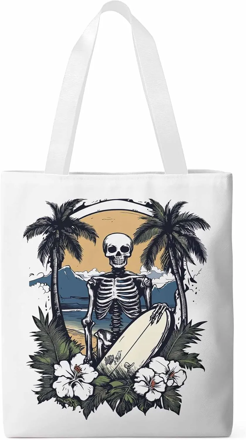Skeleton Flower Tropical Tree Surfing Canvas Tote Bag, Aesthetic Canvas Tote Handbags for Women Shoulder Bag