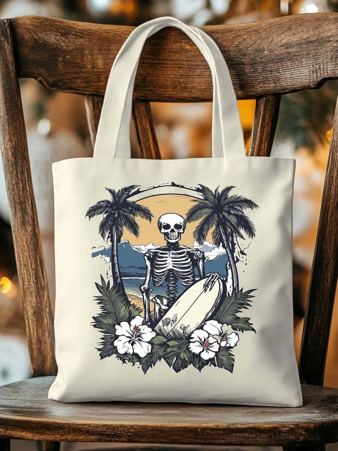 Skeleton Flower Tropical Tree Surfing Canvas Tote Bag, Aesthetic Canvas Tote Handbags for Women Shoulder Bag