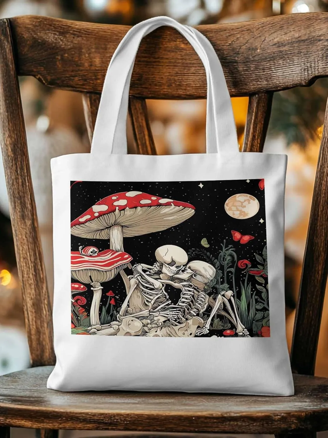 Skull Flower Mushroom Canvas Tote Bag, Aesthetic Canvas Tote Handbags for Women Shoulder Bag