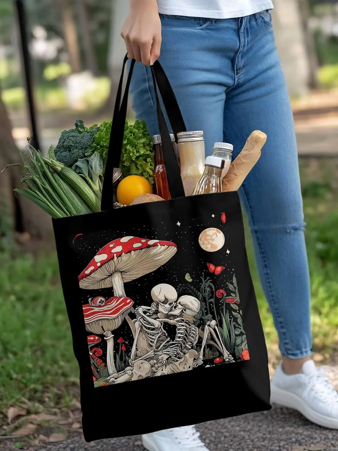 Skull Flower Mushroom Canvas Tote Bag, Aesthetic Canvas Tote Handbags for Women Shoulder Bag