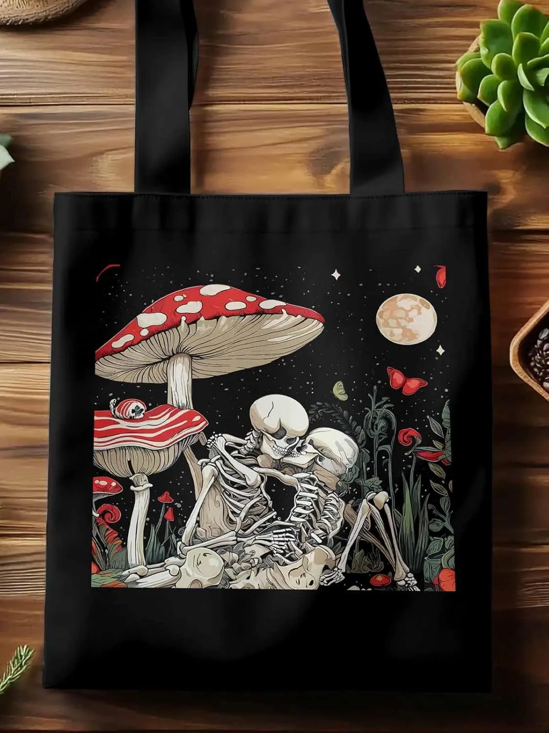 Skull Flower Mushroom Canvas Tote Bag, Aesthetic Canvas Tote Handbags for Women Shoulder Bag