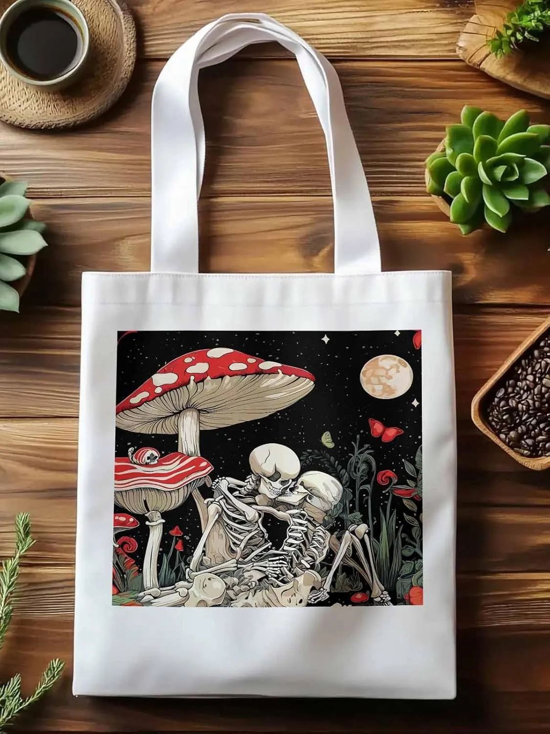 Skull Flower Mushroom Canvas Tote Bag, Aesthetic Canvas Tote Handbags for Women Shoulder Bag